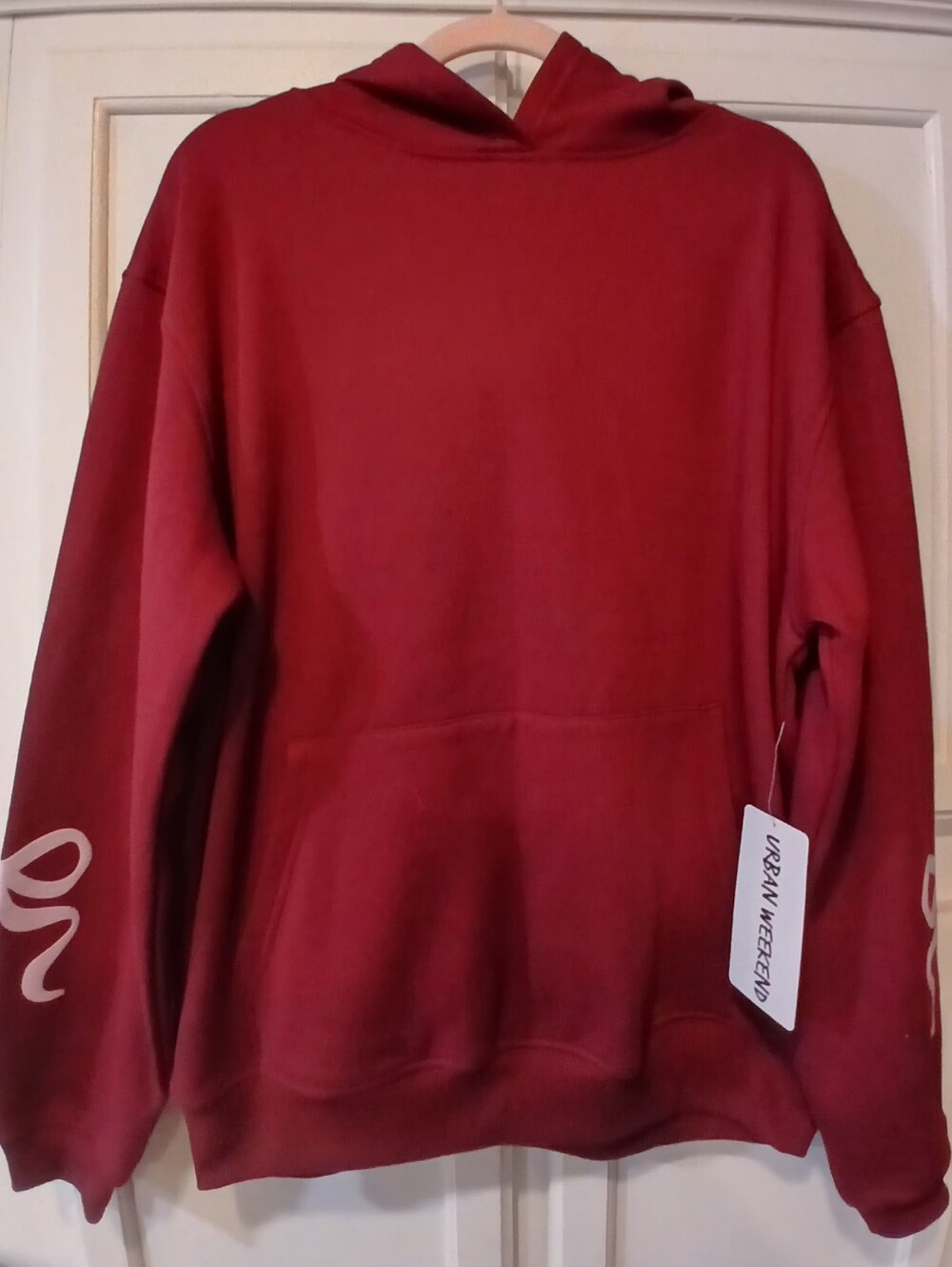 Urban Weekend brand burgundy hoodie featuring a pink graphic bow on the sleeve S